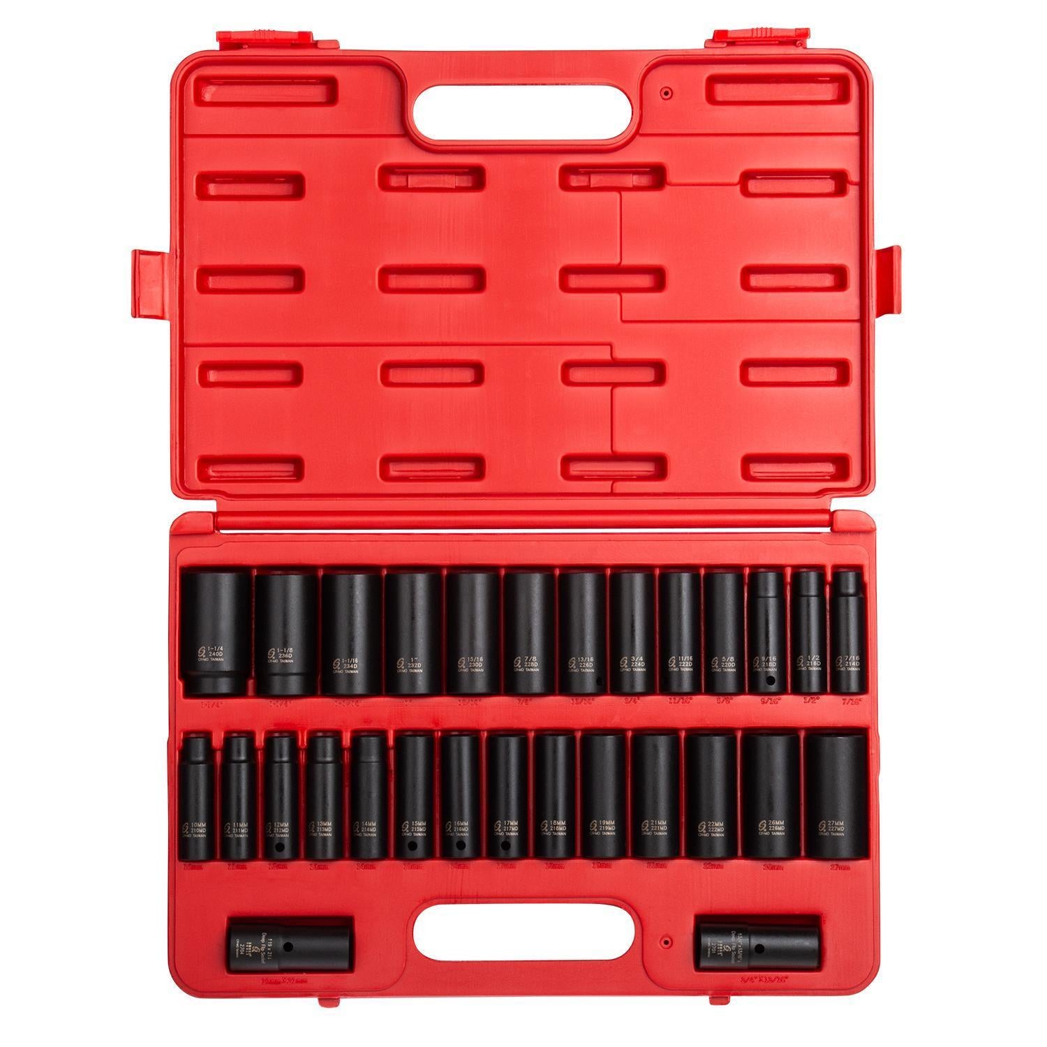 1/2" Drive SAE & Metric 6 Point Deep 29-Piece Master Impact Socket