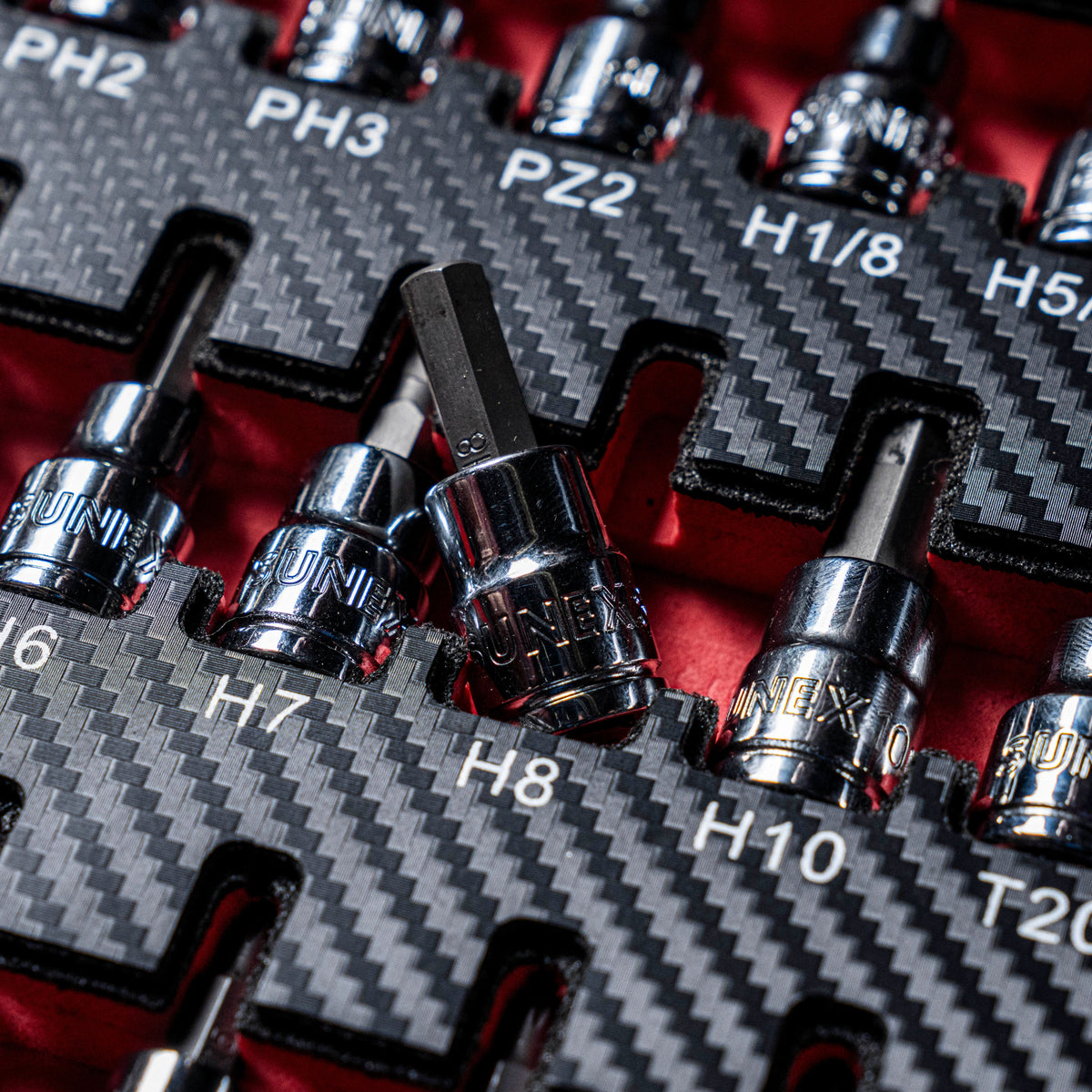 Chrome SUNEX Bit Sockets in EVA Foam.