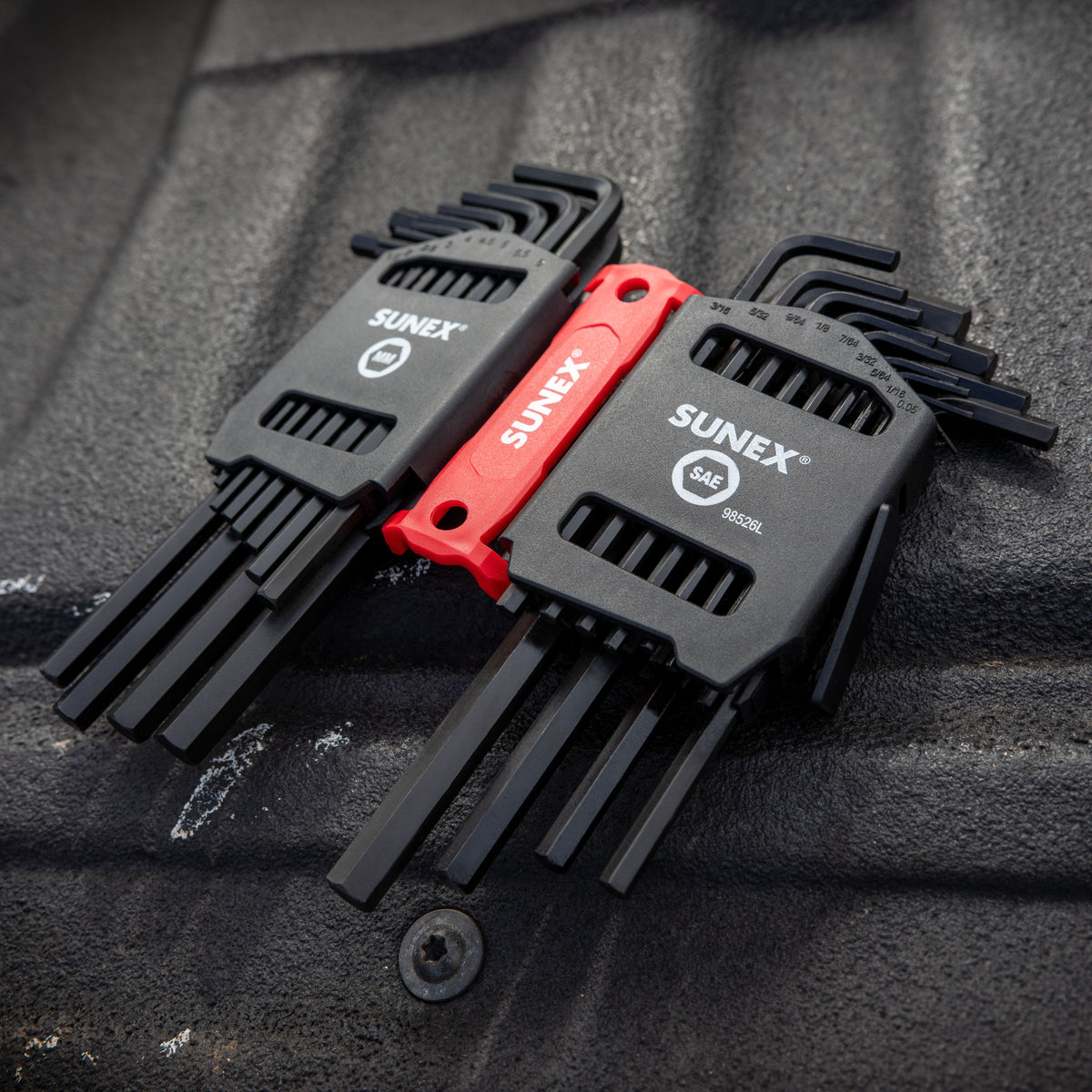 SUNEX Tools Keys on a truck bed within a hex key holder.
