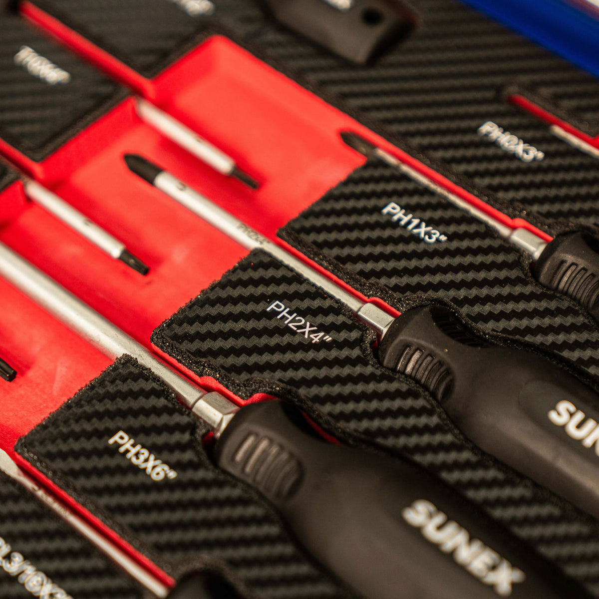 A collection of SUNEX Screwdriver Sets in EVA foam.