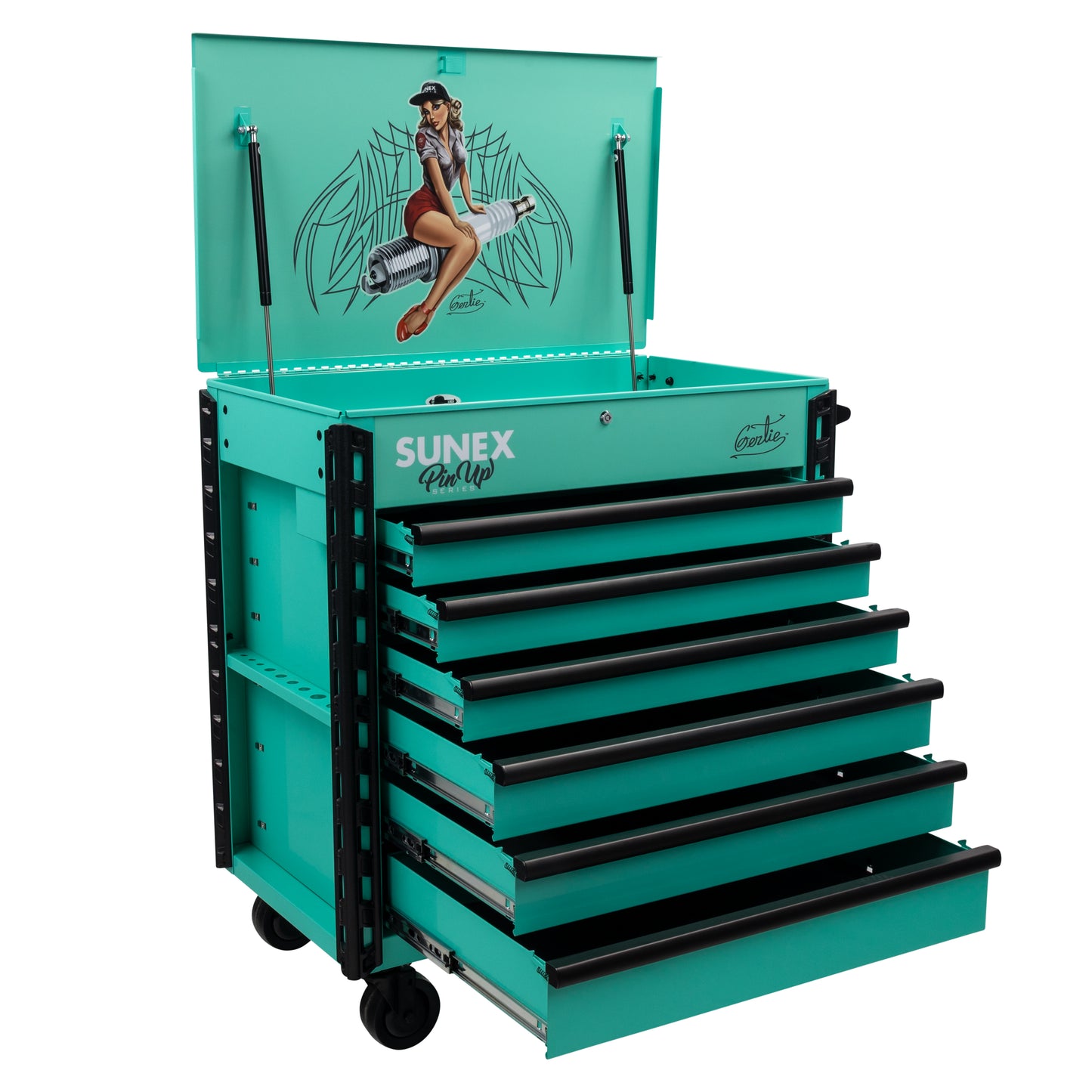 PIN-UP SERIES “GERTIE” – 39" 6 DRAWER PREMIUM SERVICE CART – ATOMIC ANGEL AQUA