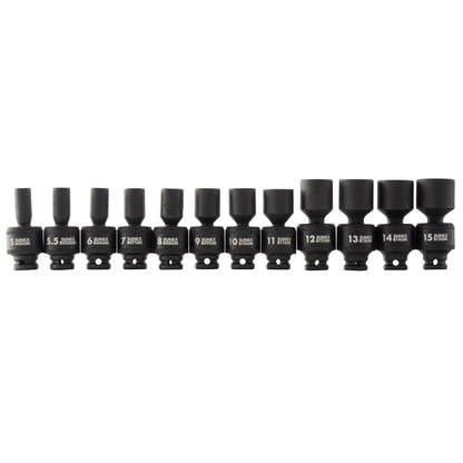 1/4" DRIVE METRIC 6 POINT STANDARD UNIVERSAL 12-PIECE IMPACT SOCKET SET