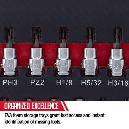 3/8" DRIVE SAE & METRIC HEX, TORX, TAMPERPROOF TORX, PHILLIPS, POZIDRIV & SLOTTED SET IN EVA FOAM