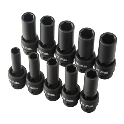 1/2" DRIVE METRIC 6 POINT DEEP UNIVERSAL 10-PIECE IMPACT SOCKET SET