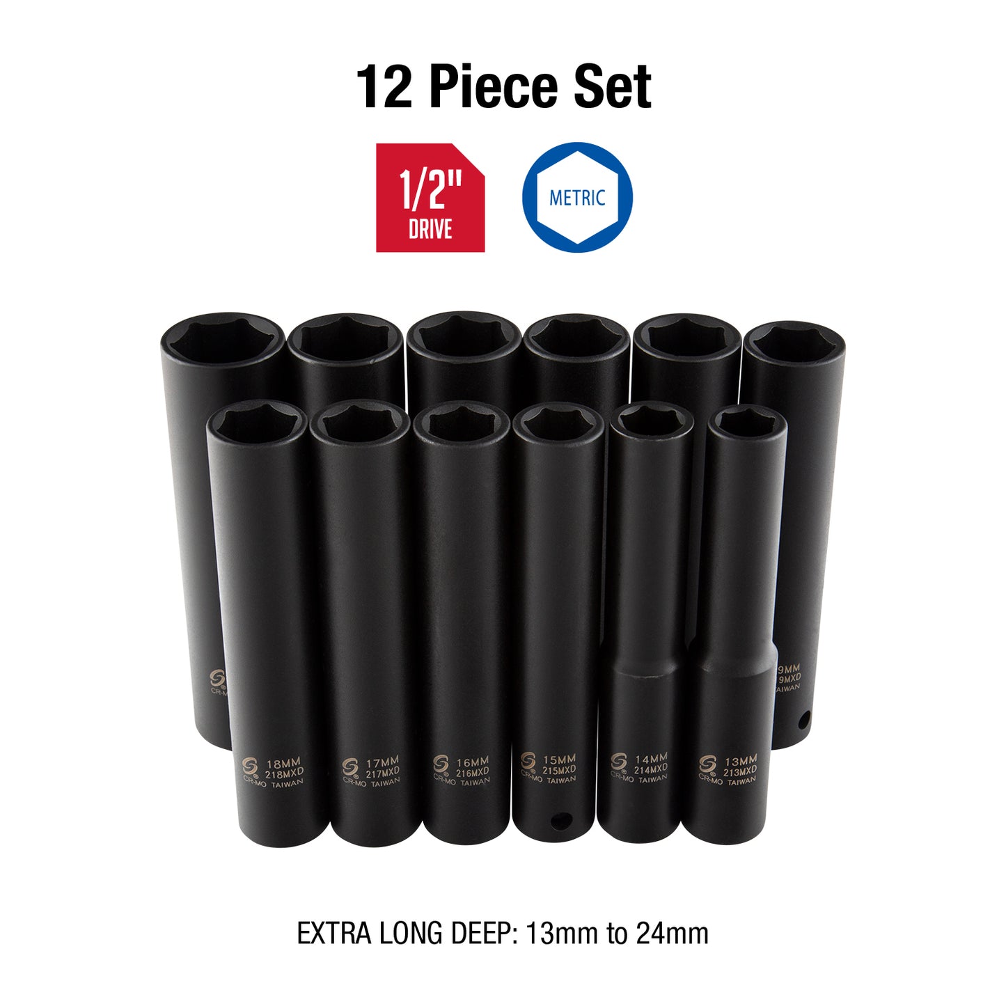 1/2" DRIVE METRIC 6 POINT EXTRA DEEP 12-PIECE IMPACT SOCKET SET