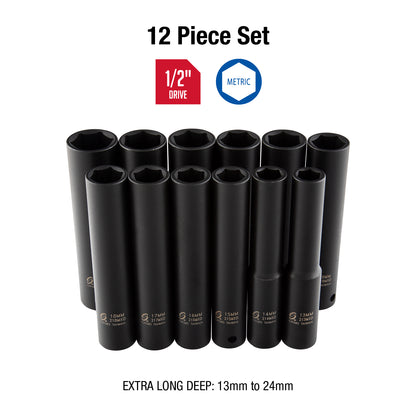 1/2" DRIVE METRIC 6 POINT EXTRA DEEP 12-PIECE IMPACT SOCKET SET
