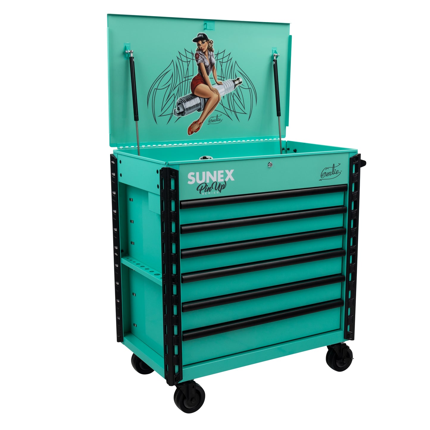 PIN-UP SERIES “GERTIE” – 39" 6 DRAWER PREMIUM SERVICE CART – ATOMIC ANGEL AQUA
