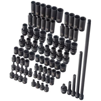3/8" DRIVE SAE & METRIC 6 POINT STANDARD & DEEP WITH UNIVERSAL SOCKETS , STAR & EXTERNAL STAR BIT 80-PIECE MASTER IMPACT SOCKET SET