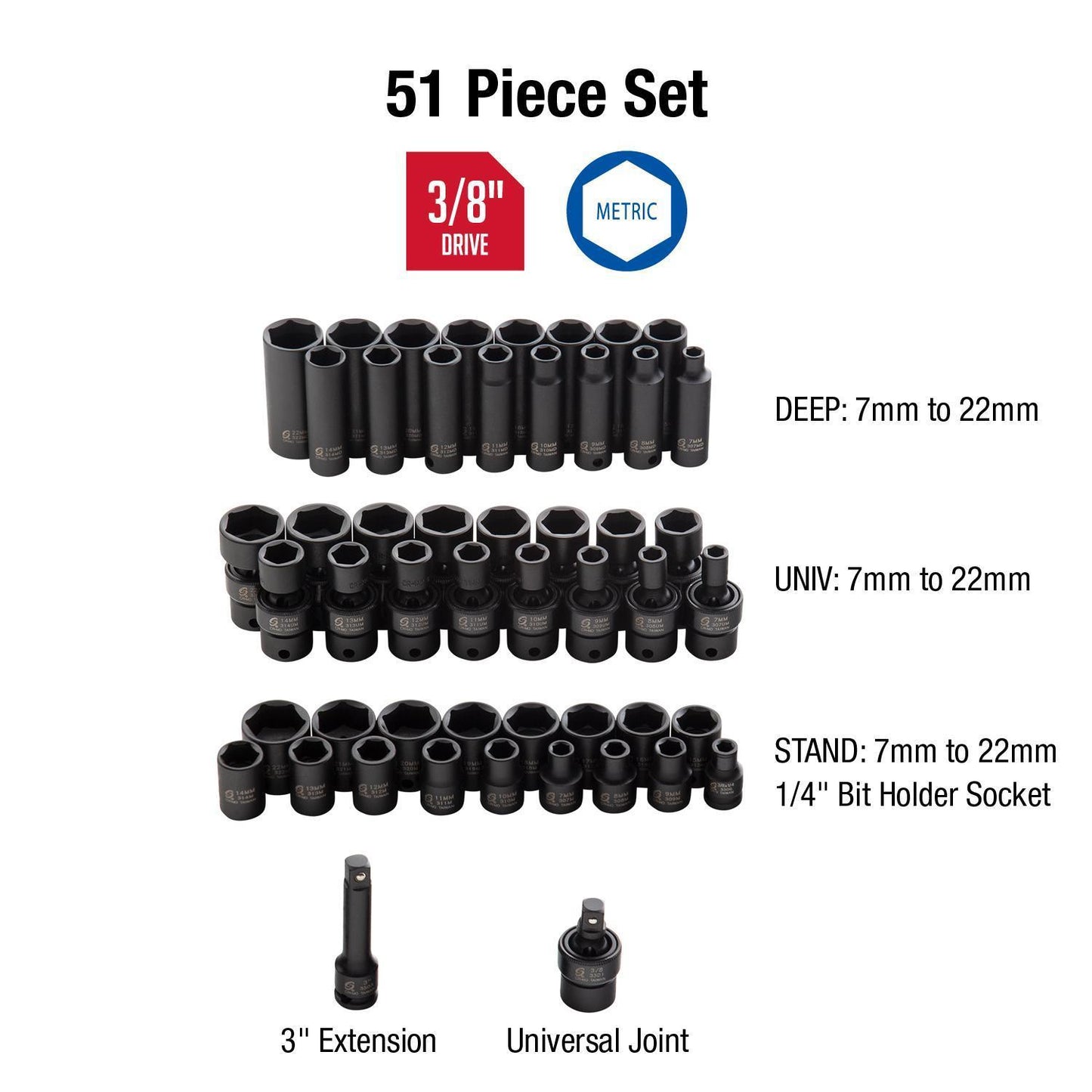 3/8" DRIVE METRIC 6 POINT STANDARD & DEEP WITH UNIVERSAL SOCKETS 51-PIECE MASTER IMPACT SOCKET SET
