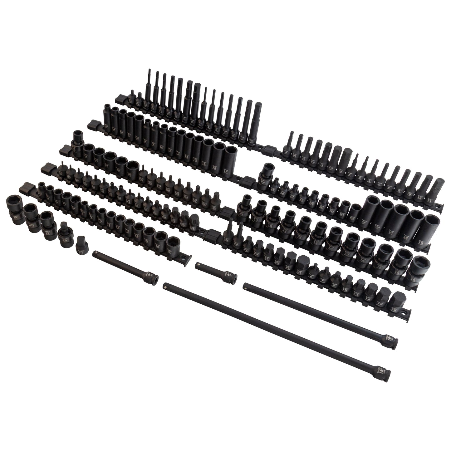 3/8" DRIVE SAE & METRIC 6 POINT STANDARD & DEEP WITH UNIVERSALS, STAR, E-STAR, TAMPERPROOF STAR, TRIPLE SQUARE, & HEX BIT 145-PIECE MASTER IMPACT SOCKET & BIT SET