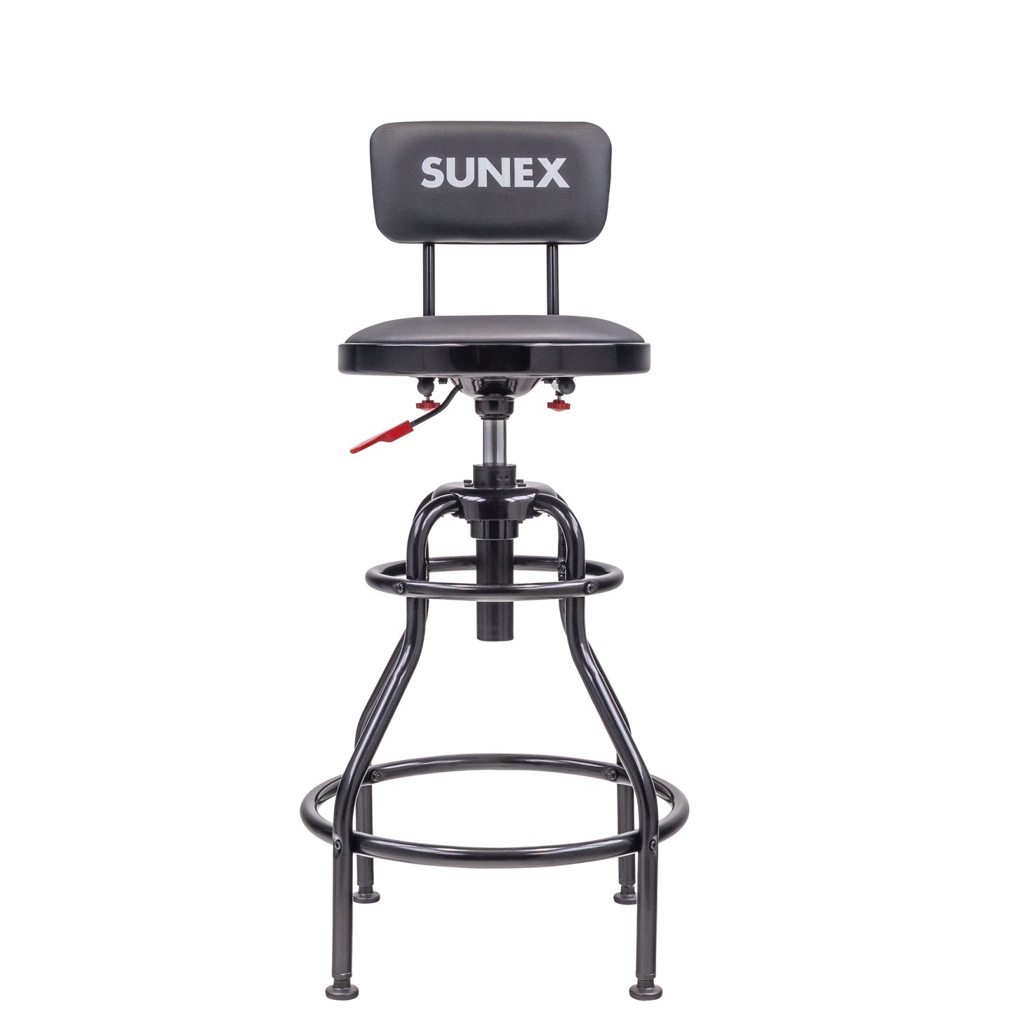 HYDRAULIC HEIGHT ADJUSTABLE SHOP STOOL WITH BACK (29" - 34" - BLACK/RED)