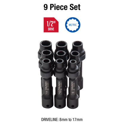 1/2" DRIVE METRIC 12 POINT DRIVELINE LIMITED CLEARANCE UNIVERSAL 9-PIECE IMPACT SOCKET SET