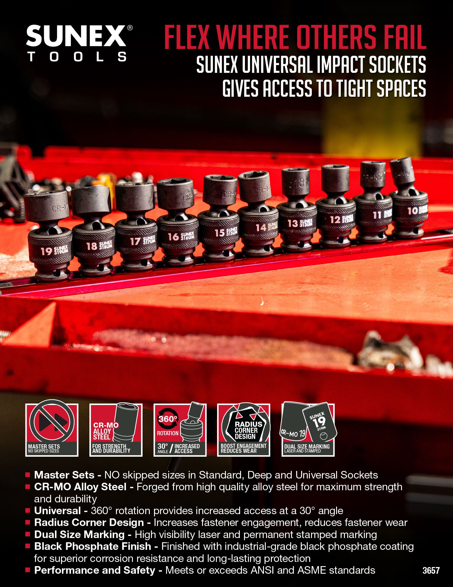 SUNEX universal impact sockets on a red tool chest with promotional text.
