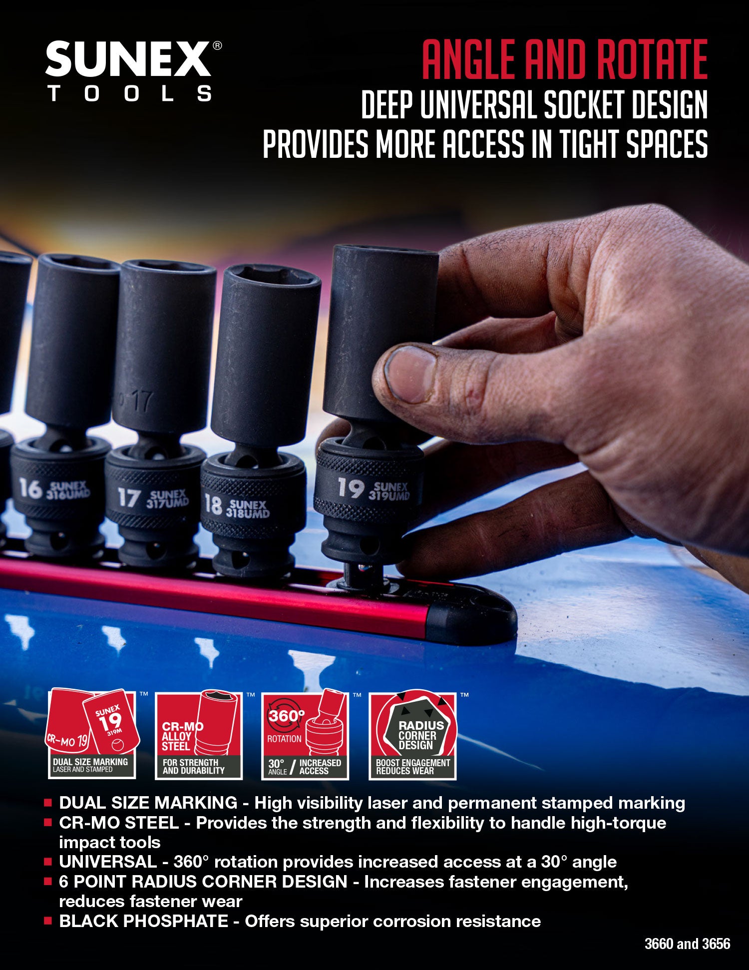 SUNEX tools socket set with hand demonstrating feature on a dark background