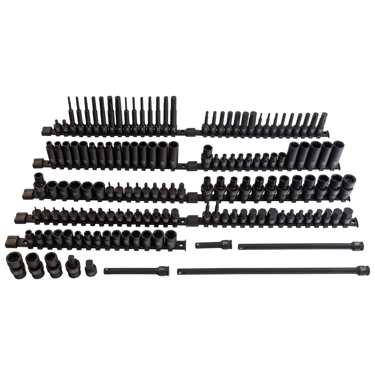 3/8" DRIVE SAE & METRIC 6 POINT STANDARD & DEEP WITH UNIVERSALS, STAR, E-STAR, TAMPERPROOF STAR, TRIPLE SQUARE, & HEX BIT 145-PIECE MASTER IMPACT SOCKET & BIT SET