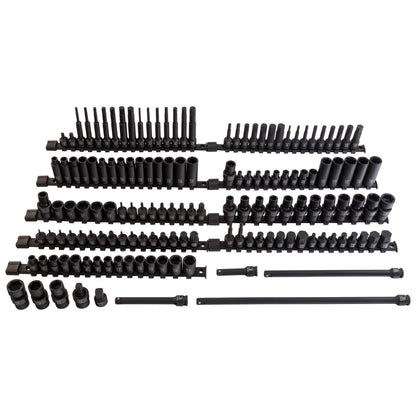 3/8" DRIVE SAE & METRIC 6 POINT STANDARD & DEEP WITH UNIVERSALS, STAR, E-STAR, TAMPERPROOF STAR, TRIPLE SQUARE, & HEX BIT 145-PIECE MASTER IMPACT SOCKET & BIT SET
