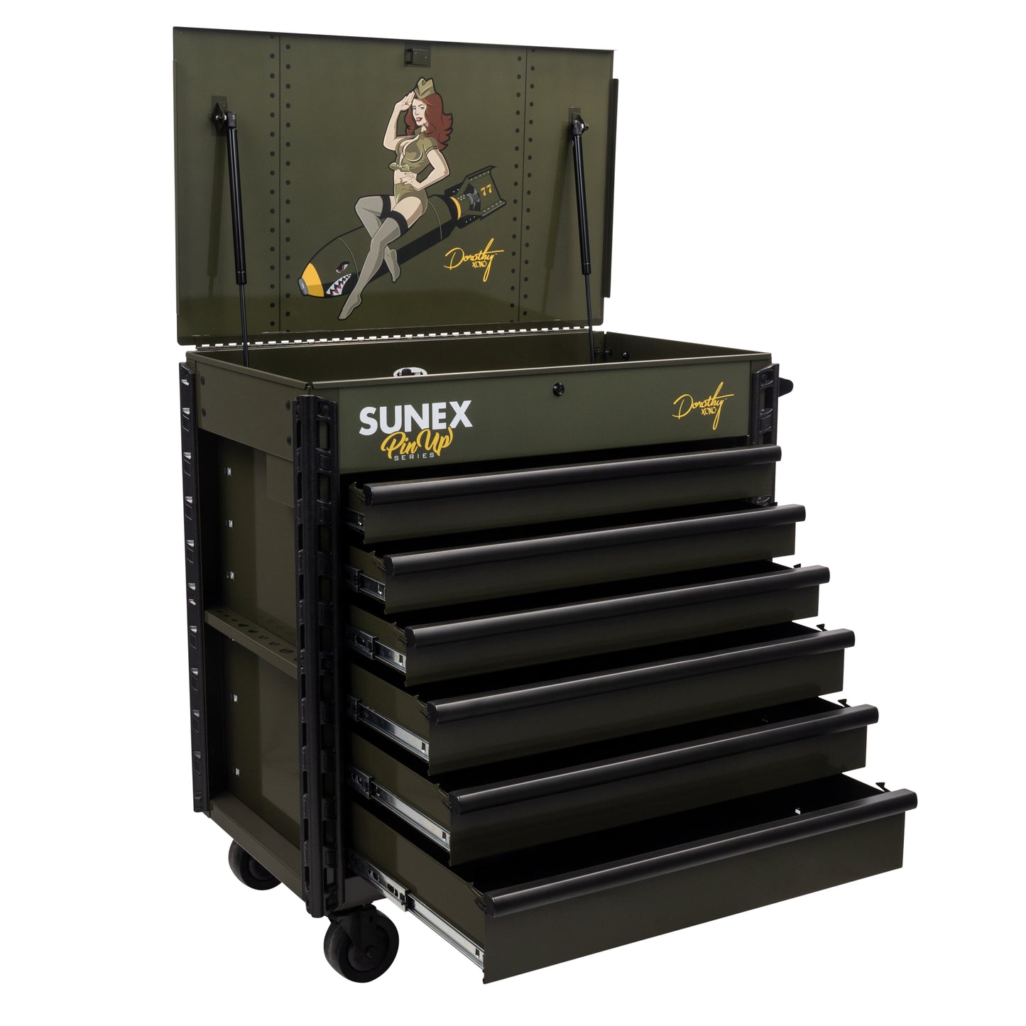 PIN-UP SERIES “DOROTHY” – 39" 6 DRAWER PREMIUM SERVICE CART – VICTORY VIXEN OD GREEN
