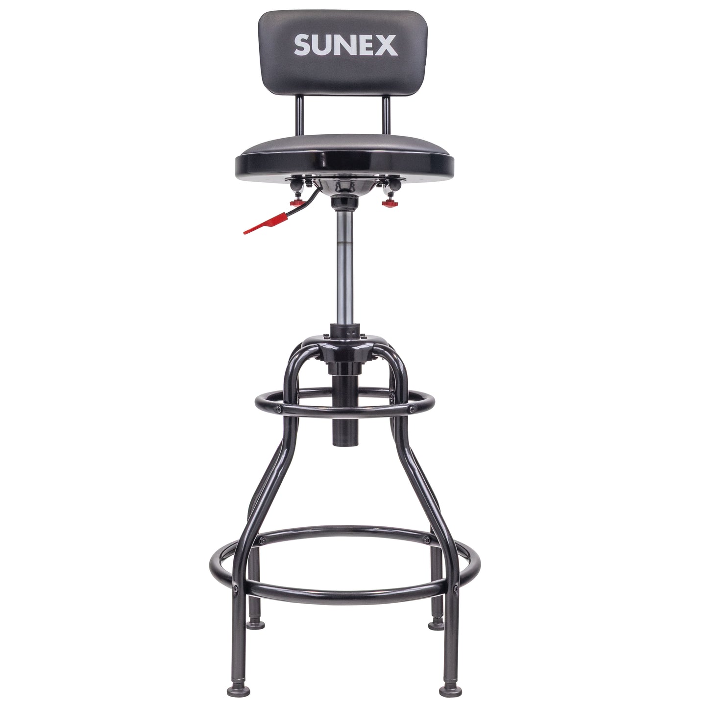 HYDRAULIC HEIGHT ADJUSTABLE SHOP STOOL WITH BACK (29" - 34" - BLACK/RED)