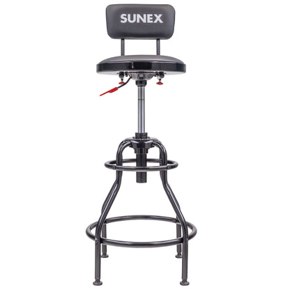 HYDRAULIC HEIGHT ADJUSTABLE SHOP STOOL WITH BACK (29" - 34" - BLACK/RED)