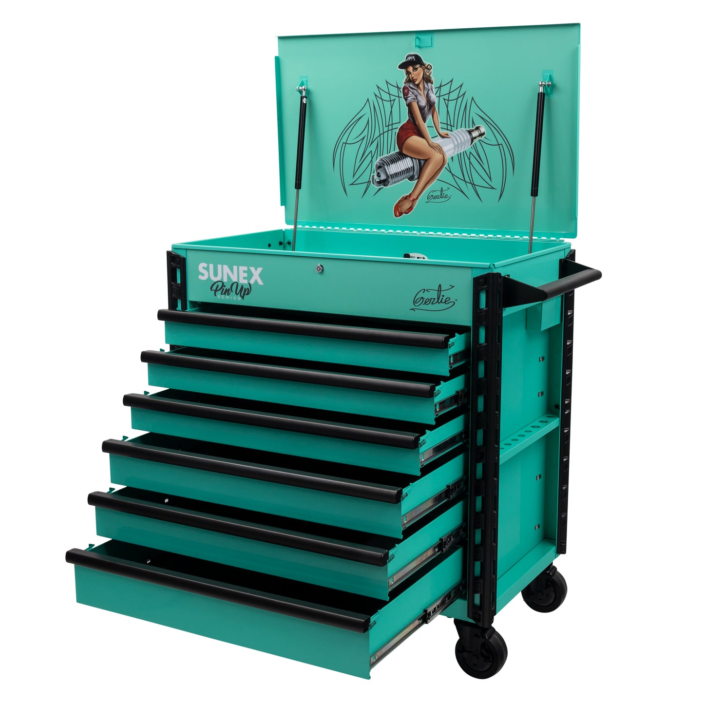 PIN-UP SERIES “GERTIE” – 39" 6 DRAWER PREMIUM SERVICE CART – ATOMIC ANGEL AQUA