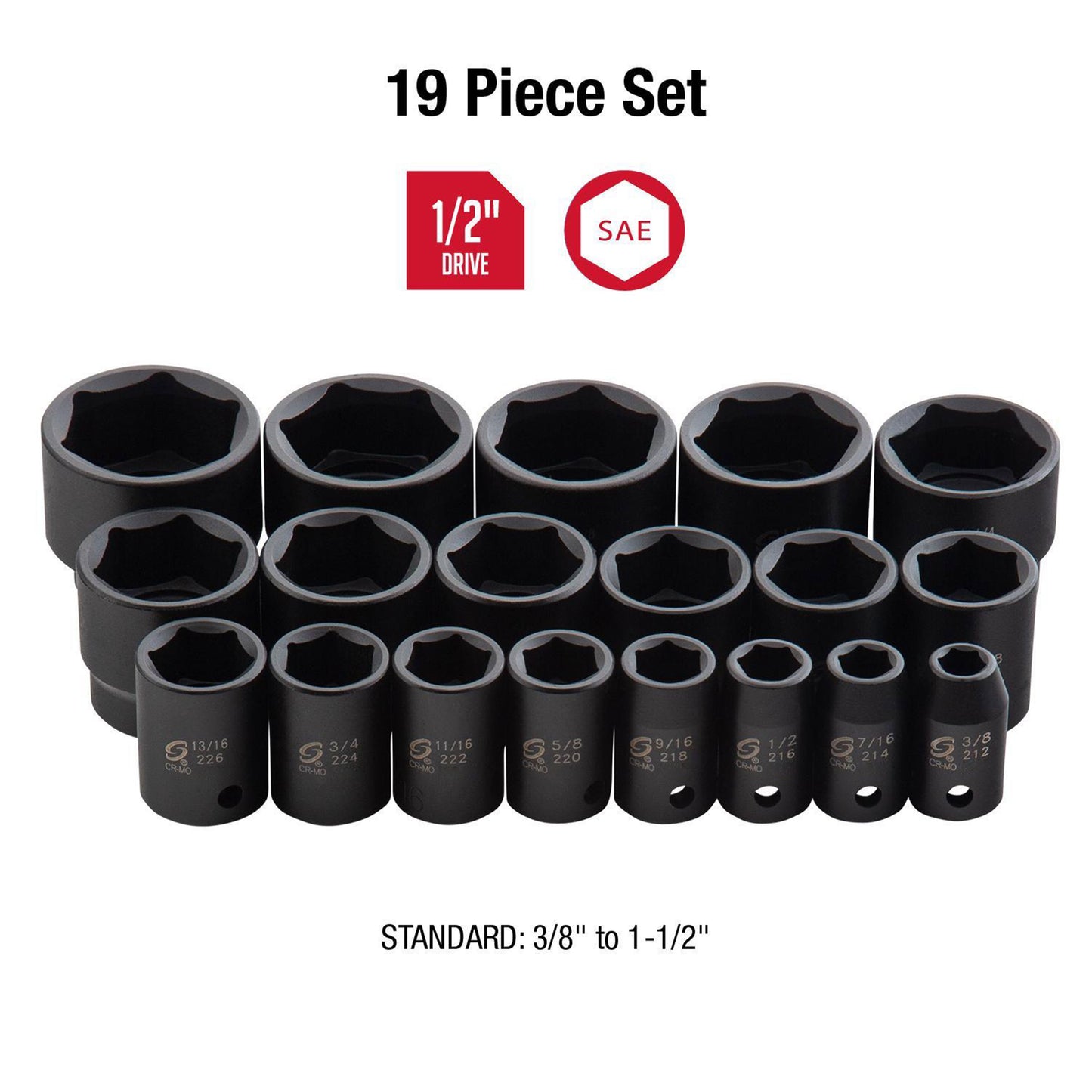 1/2" DRIVE SAE 6 POINT STANDARD 19-PIECE IMPACT SOCKET SET
