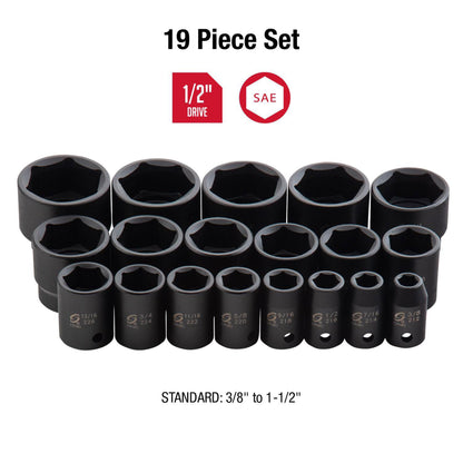 1/2" DRIVE SAE 6 POINT STANDARD 19-PIECE IMPACT SOCKET SET