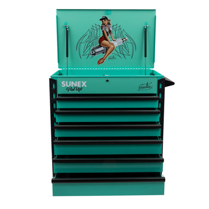 PIN-UP SERIES “GERTIE” – 39" 6 DRAWER PREMIUM SERVICE CART – ATOMIC ANGEL AQUA