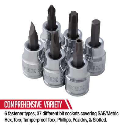 3/8" DRIVE SAE & METRIC HEX, TORX, TAMPERPROOF TORX, PHILLIPS, POZIDRIV & SLOTTED SET IN EVA FOAM