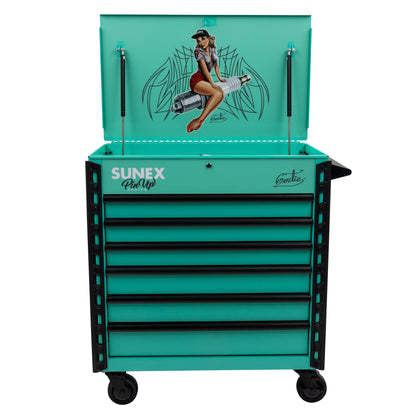 PIN-UP SERIES “GERTIE” – 39" 6 DRAWER PREMIUM SERVICE CART – ATOMIC ANGEL AQUA