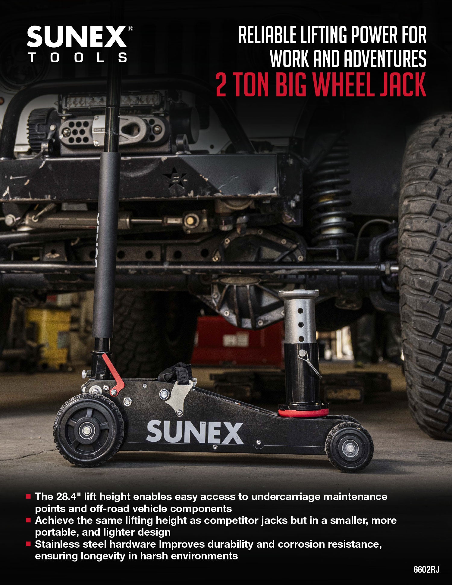 SUNEX 2-ton big wheel jack with vehicle in background