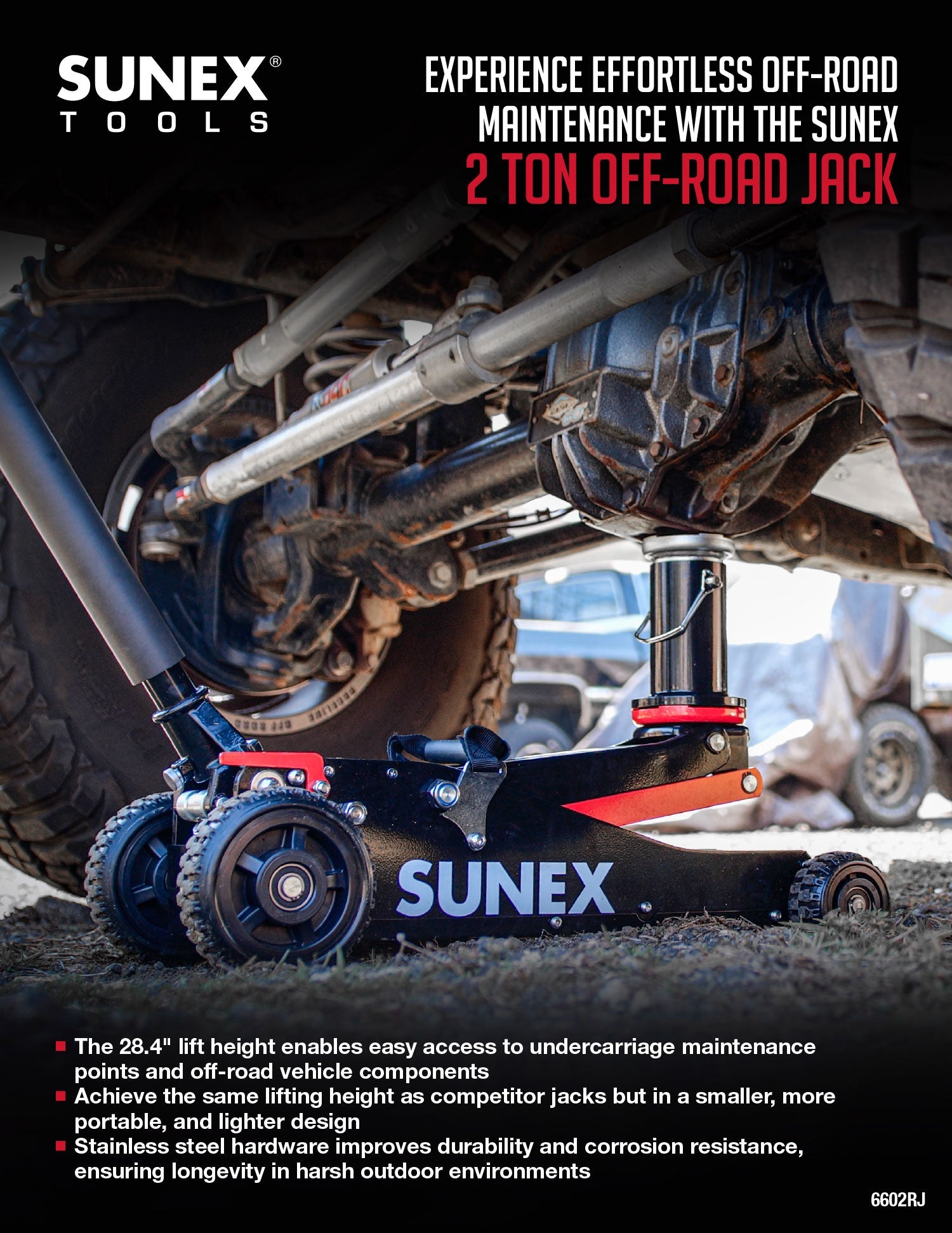 SUNEX Tools 6602RJ 2-Ton Off-Road Jack being used under a Jeep.