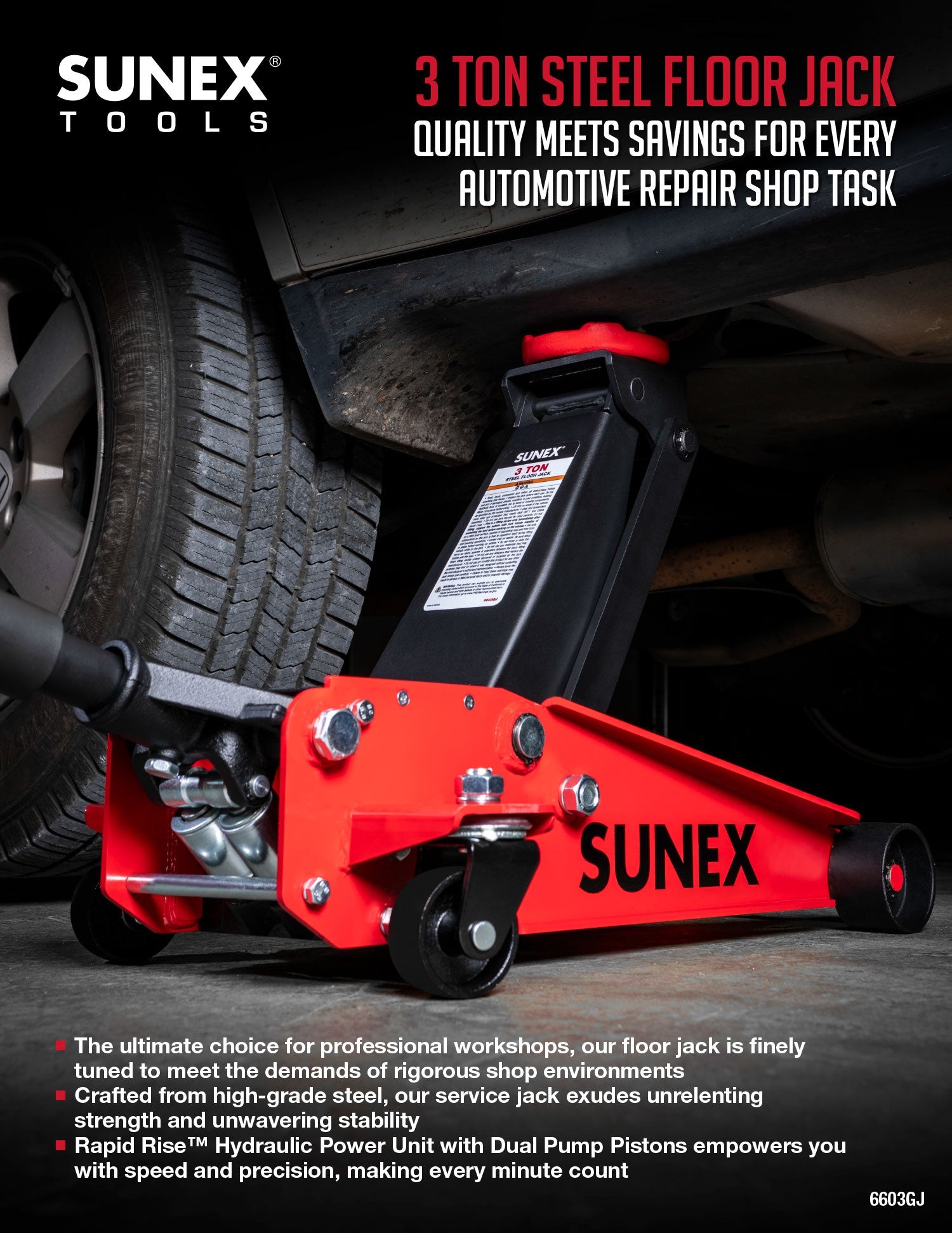 SUNEX Tools 6603GJ 3-Ton Steel Floor Jack being used under a vehicle to lift it.