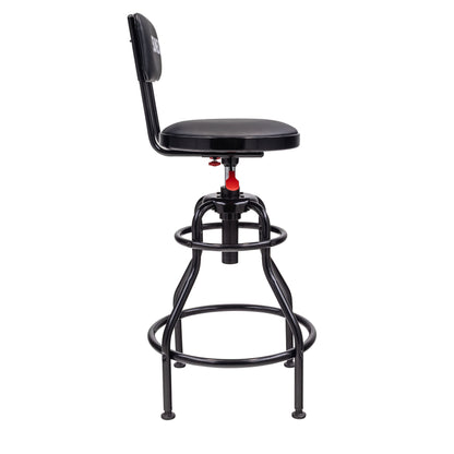 HYDRAULIC HEIGHT ADJUSTABLE SHOP STOOL WITH BACK (29" - 34" - BLACK/RED)