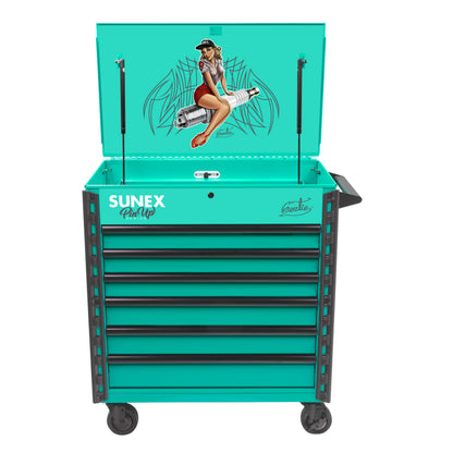 PIN-UP SERIES “GERTIE” – 39" 6 DRAWER PREMIUM SERVICE CART – ATOMIC ANGEL AQUA