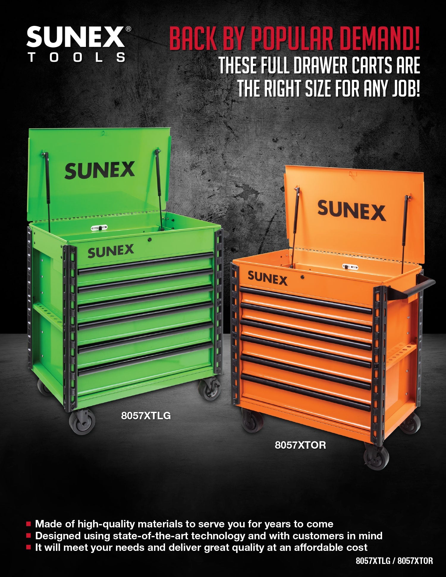 SUNEX Tools 8057XTLG and 8057XTOR being shown with their lids open in a dark environment.