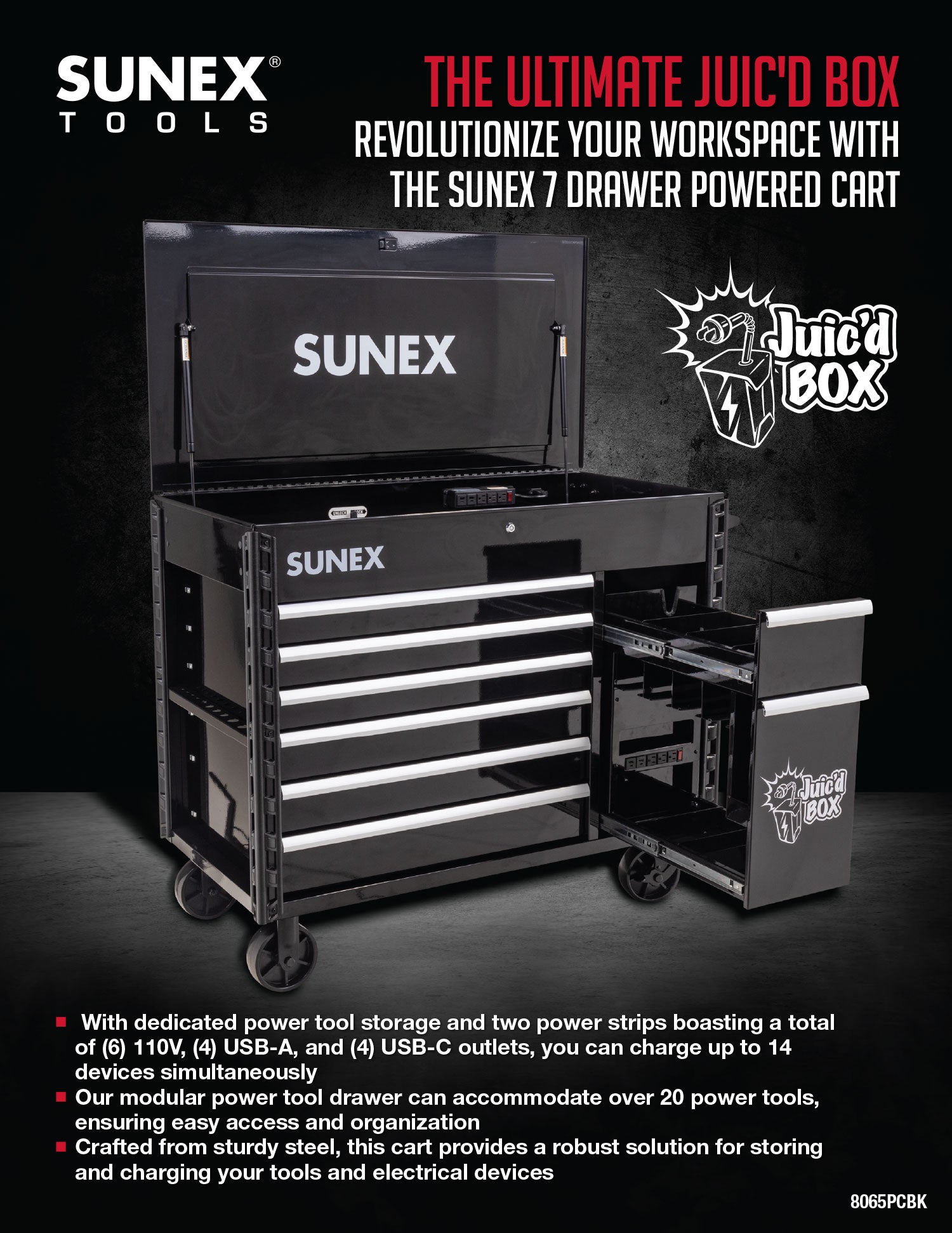 SUNEX Tools Juic'd BOX 7 Drawer Powered Cart with the top til and power drawer open showcasing the power strip located in both for charing 14 tools at one time, 8065PCBK