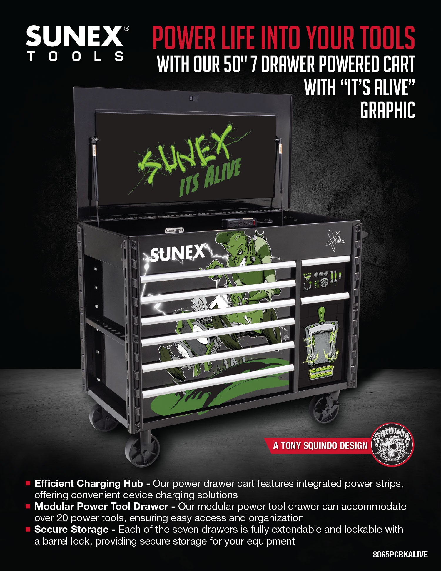 SUNEX tools power tool cart with 'It's Alive' graphic on a dark background
