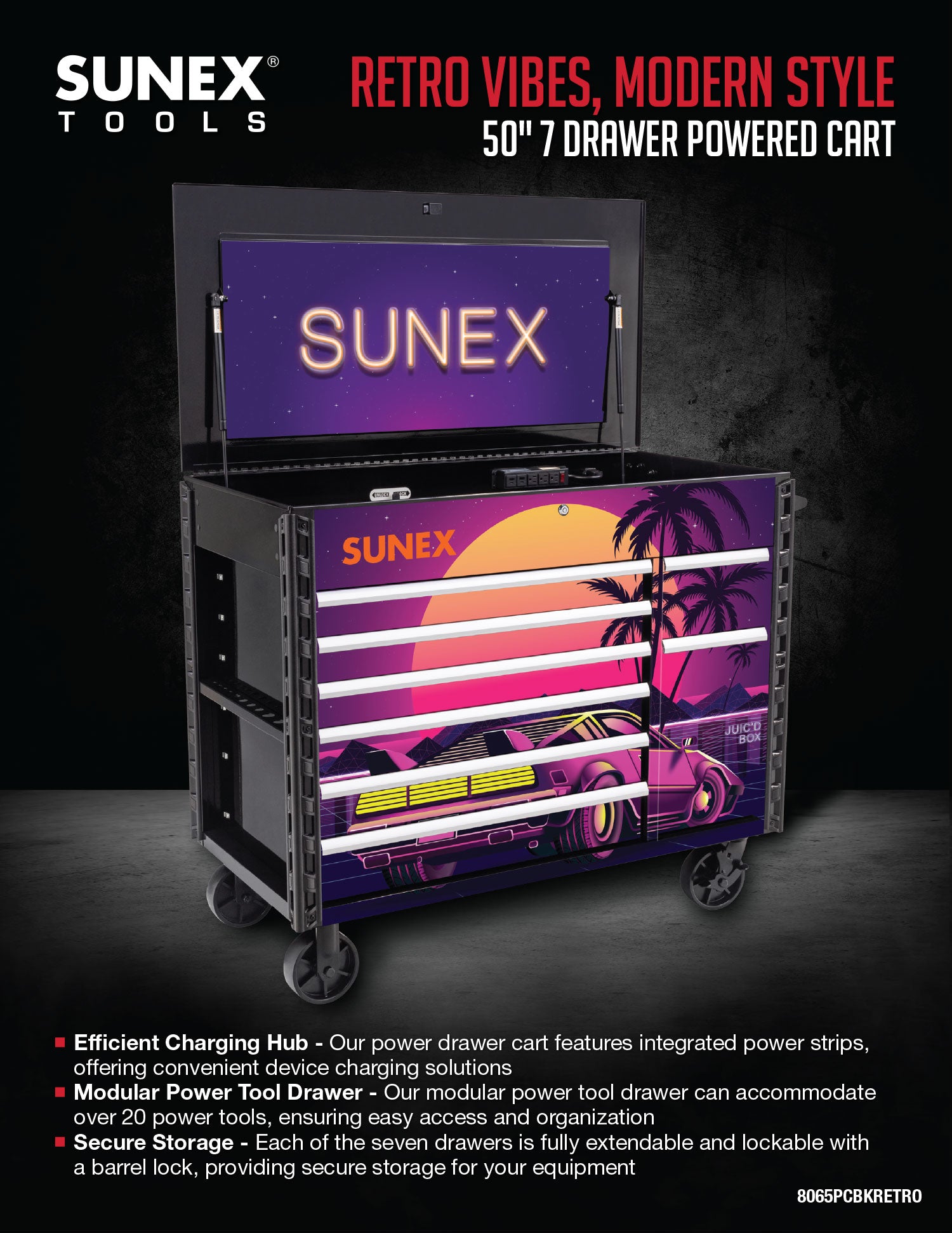 SUNEX tools 50-inch powered cart with retro design on a dark background