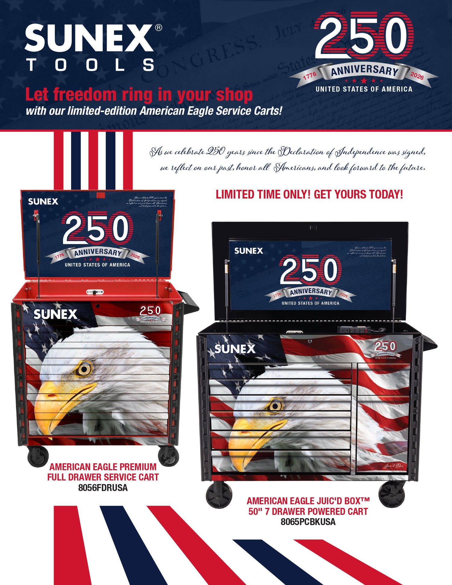 SUNEX Tools American Eagle service carts with 250th Anniversary design.