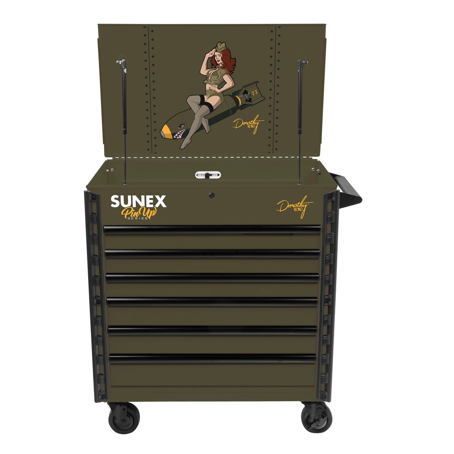 PIN-UP SERIES “DOROTHY” – 39" 6 DRAWER PREMIUM SERVICE CART – VICTORY VIXEN OD GREEN