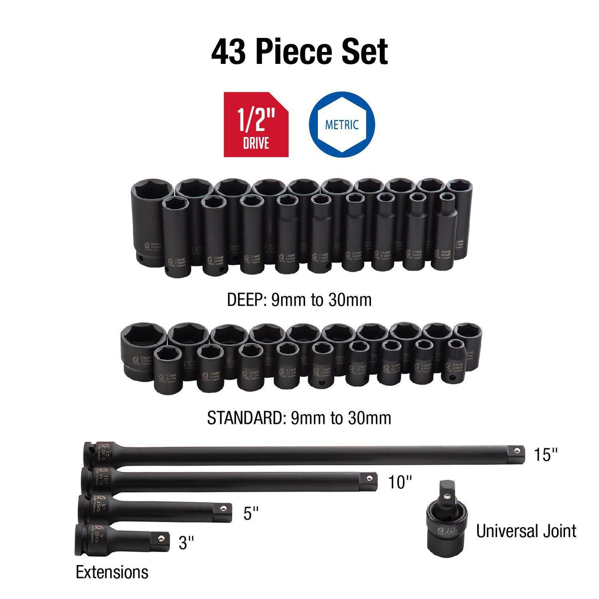 1/2" DRIVE METRIC 6 POINT STANDARD & DEEP 43-PIECE MASTER IMPACT SOCKET SET
