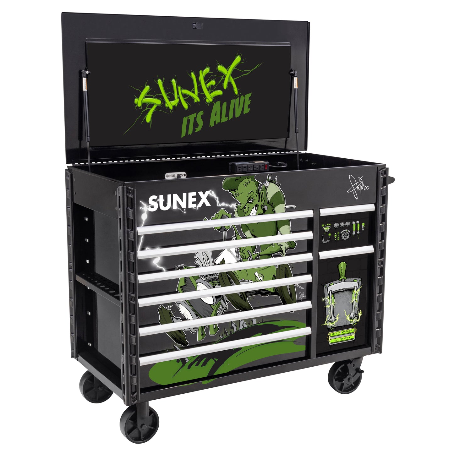 TONY SQUINDO “IT’S ALIVE!!” JUIC’D BOX 50” 7 DRAWER POWERED CART - BLACK