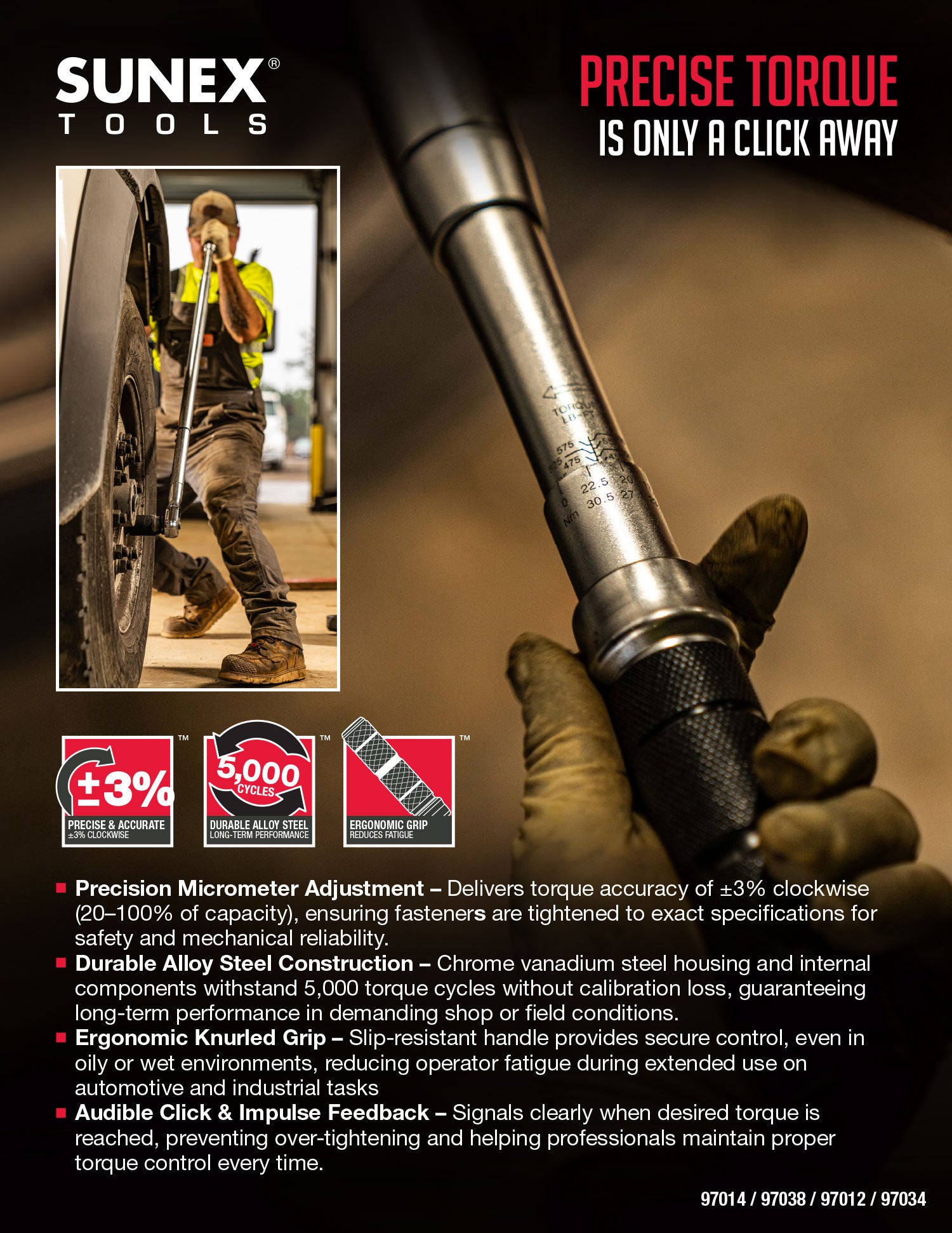 SUNEX tools brochure with a torque wrench and worker in a workshop.