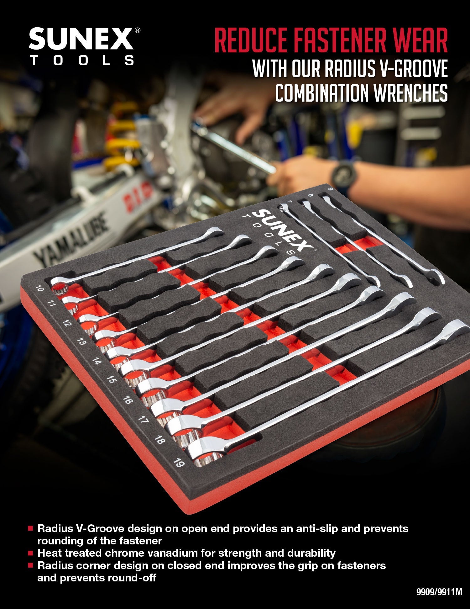 9911M V-Groove EVA Foam Wrench Set being used in a motorcycle application.