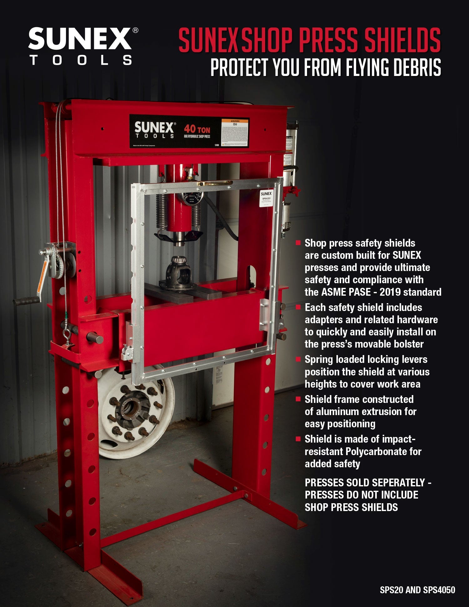 SUNEX Tools Shop Press Shields for SUNEX Shop Presses, SPS20 and SPS4050 an image of a SUNEX 40 Ton Shop Press with a Shop Press Shield being used to press