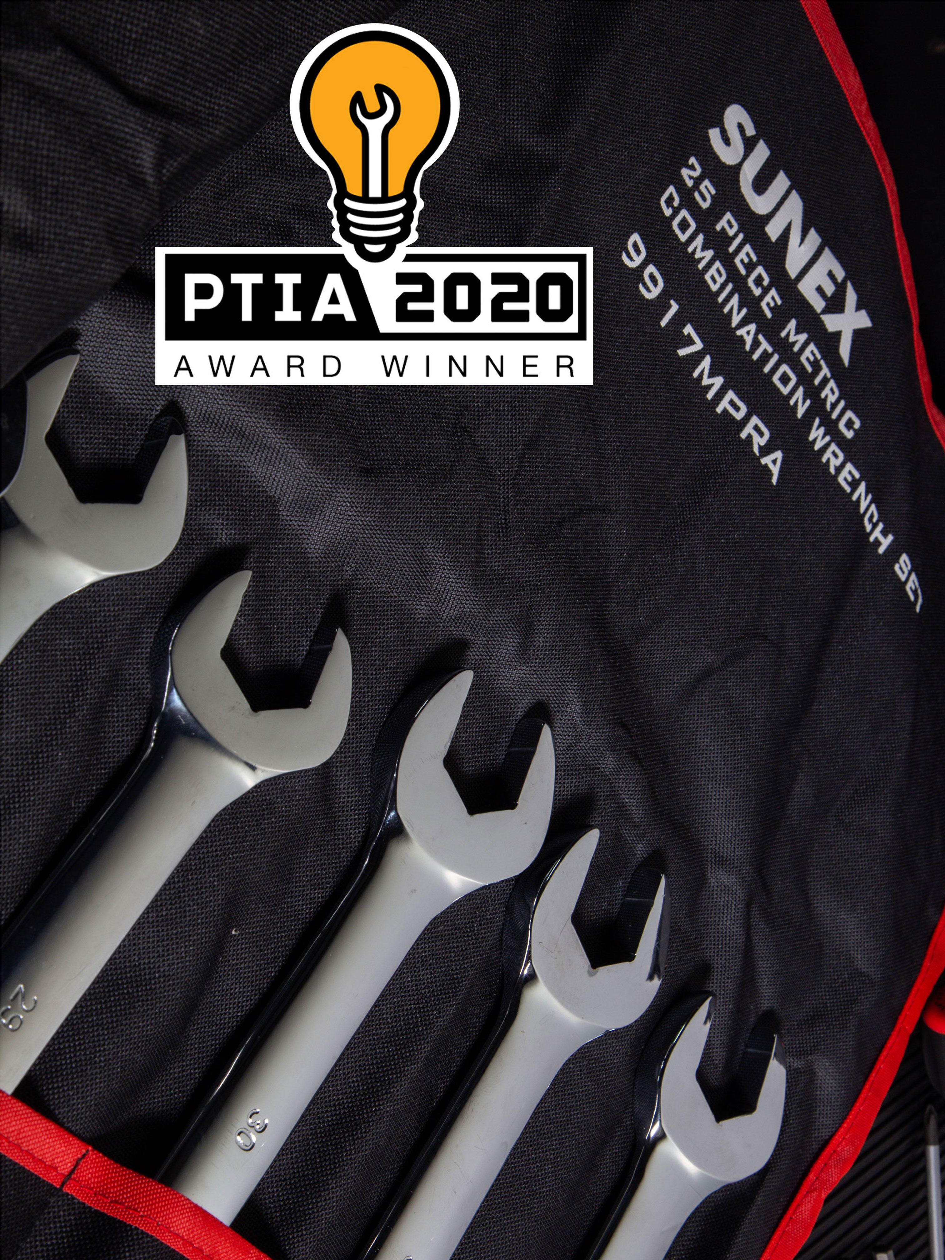 SUNEX 9917MPRA Metric V-Groove Wrench set in tool roll with PTIA (Pro Tool Innovation Award) logo for 2020, 2020 Award Winner in the category of wrenches