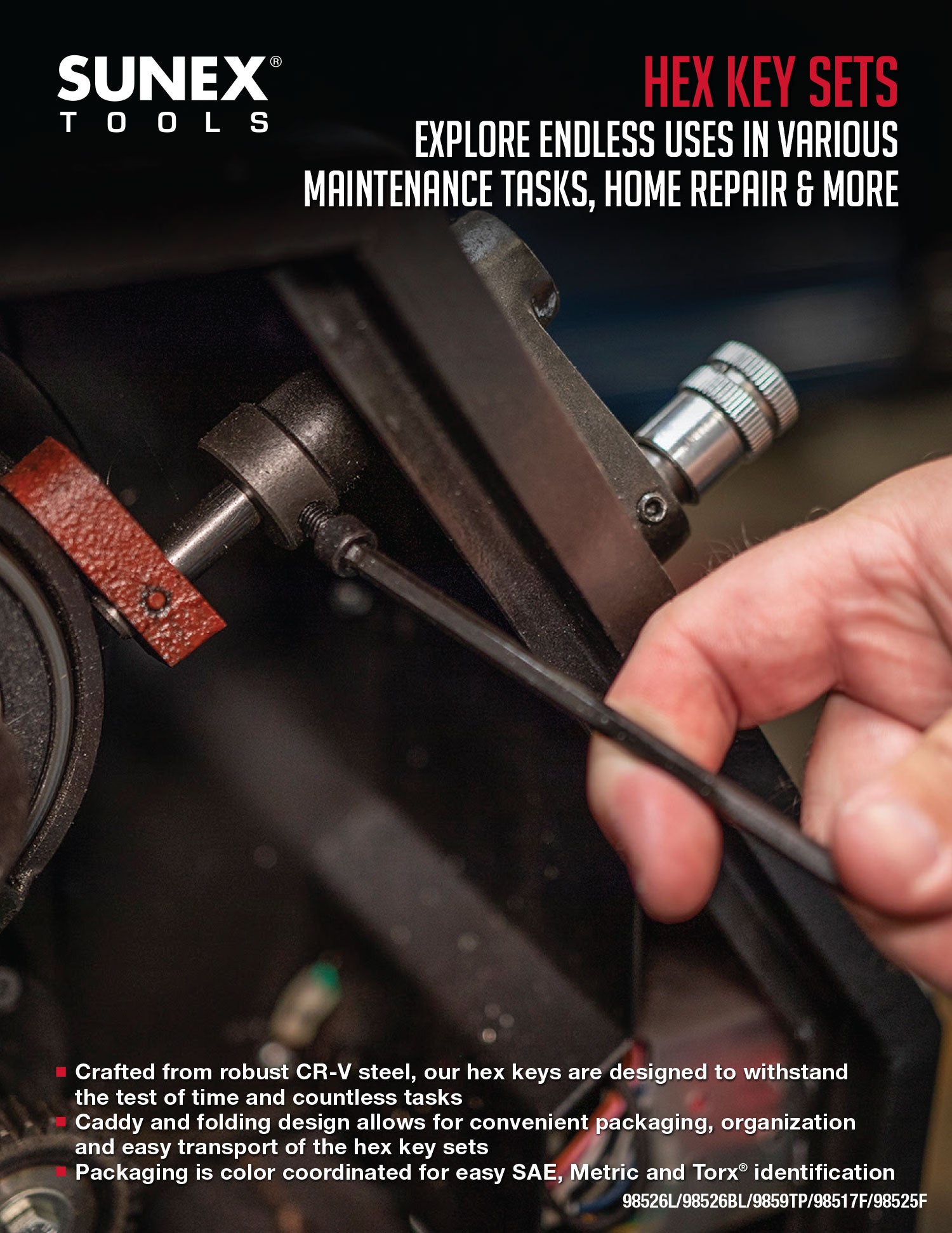 SUNEX Tools Ball End Hex Keys being used to tighten a fastener in an industrial application.