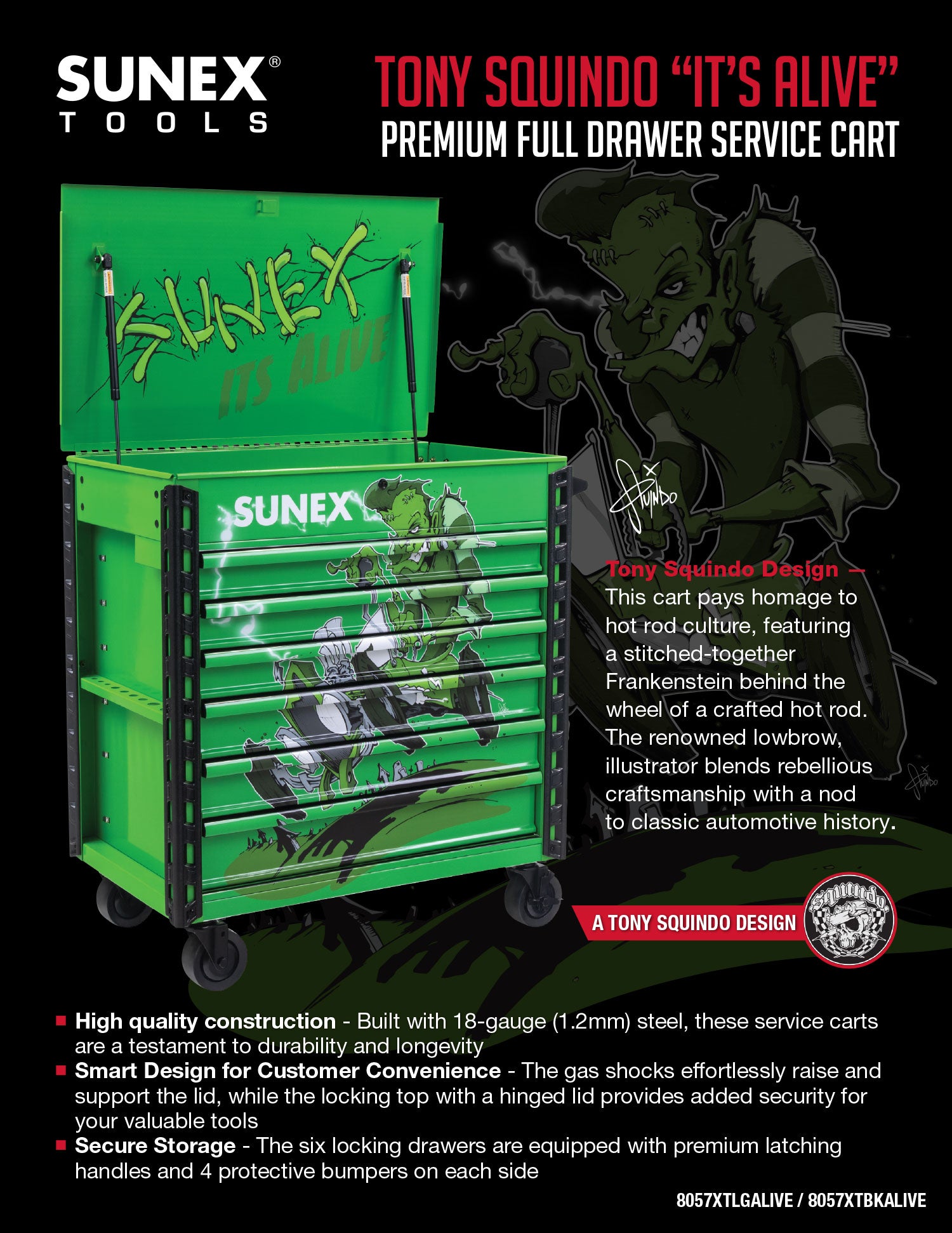 SUNEX Tools premium full drawer service cart with Tony Squindo design on a black background