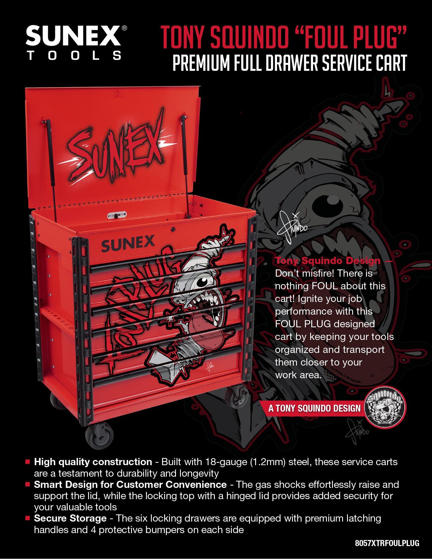 SUNEX Tools Red Premium Service Cart with Tony Squindo Designed Foul Plug Cart