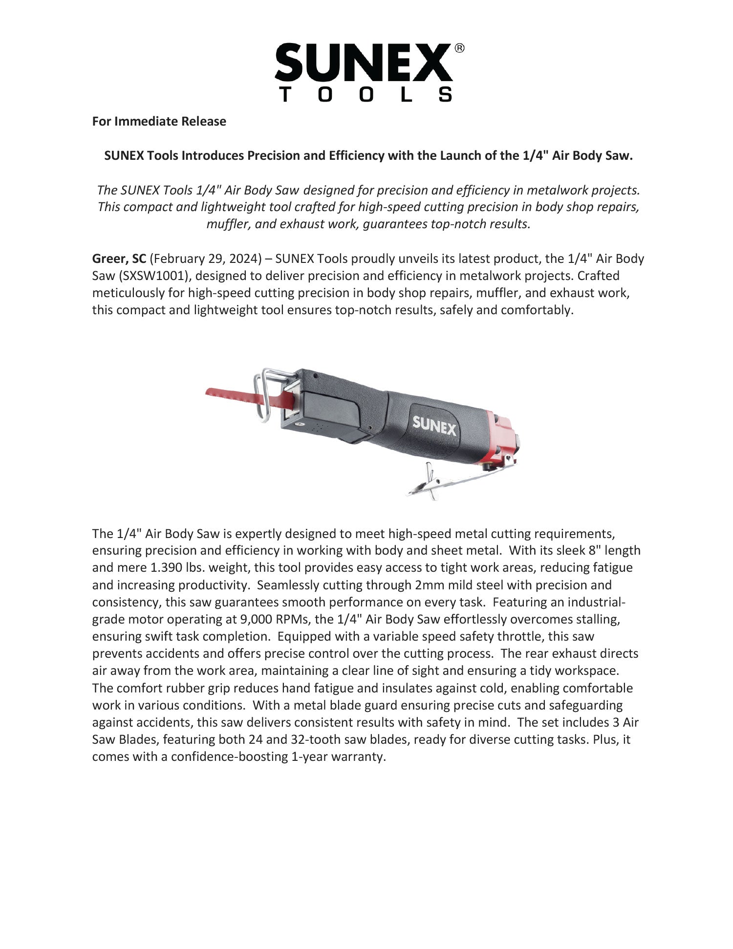 SUNEX Tools SXSW1001 1/4" Air Body Saw Press Release